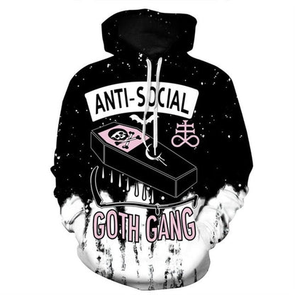 New Fashion Women Men Crying Alien 3D Printed Sweatshirts featuring Anti-Social Goth Gang design in black and pink.