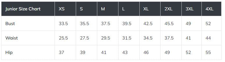 Junior size chart displaying measurements for bust, waist, and hip across sizes XS to 4XL.